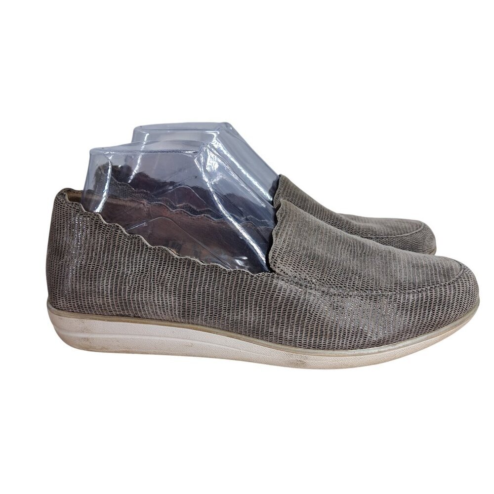 Aetrex Christie Wedge Leather Loafers Size 39 US 8.5 Taupe Gray Slip On Reptile - Picture 10 of 13